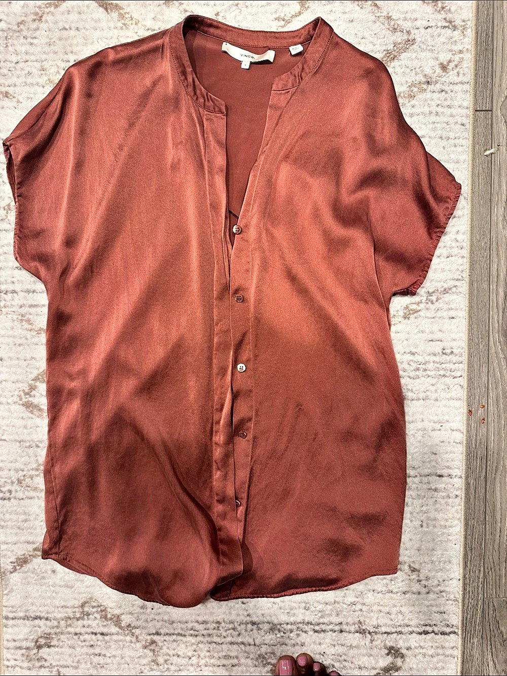 Vince Silk Short-Sleeve Button-Front Shirt Brown Small